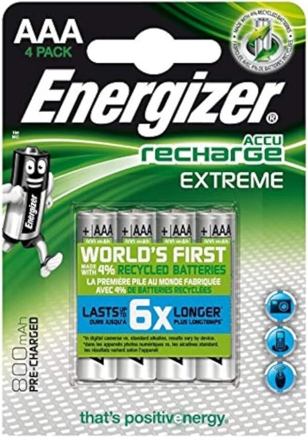 Energizer Rechargeable Battery AAA, Extreme Rechargeable, 4 Pack