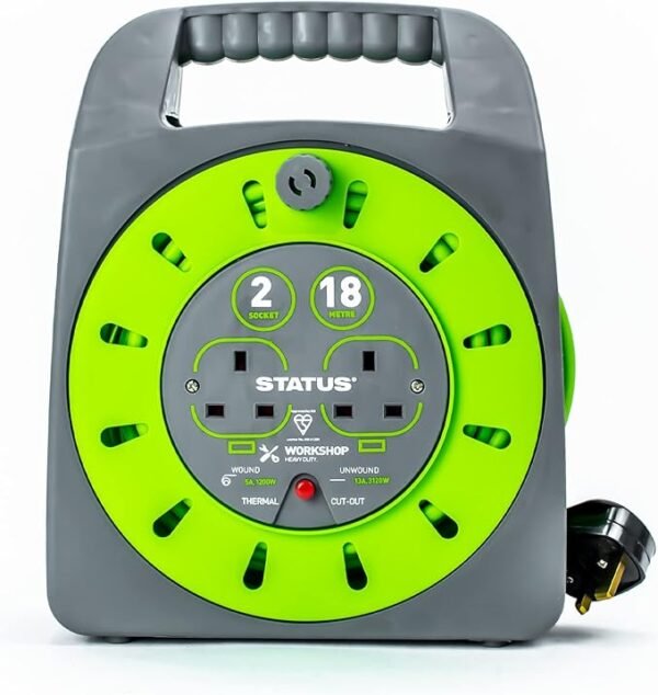 STATUS 2 Socket Cable Reel 18m Green Extension Lead 13A with Thermal Cut Out Heavy Duty Outdoor Extension Lead S18M2G13ACR4 Visit the Status Store