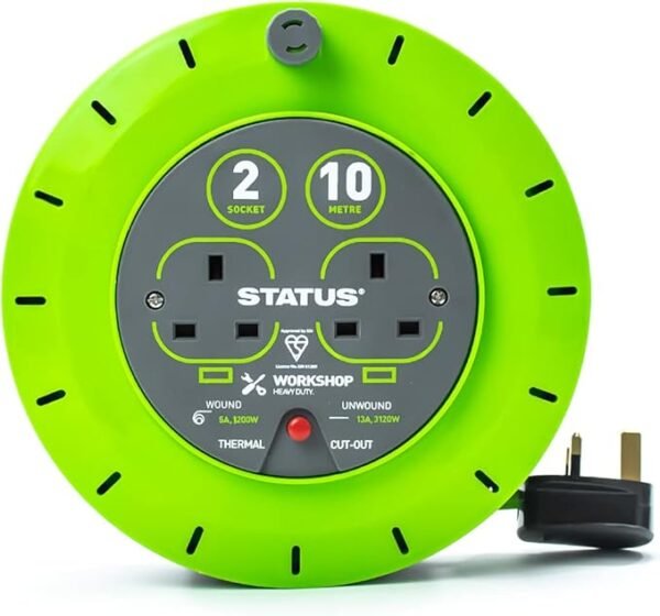 STATUS 2 Socket Cable Reel 10m Green Extension Lead 13A with Thermal Cut Out Heavy Duty Outdoor Extension Lead S13A10MCR3