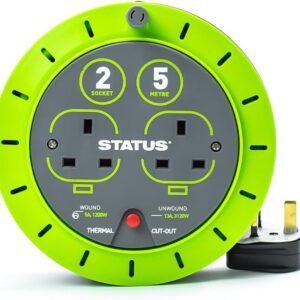STATUS 2 Socket Cable Reel 5m Green Extension Lead 13A with Thermal Cut Out Heavy Duty Outdoor Extension Lead S5M13ACR3