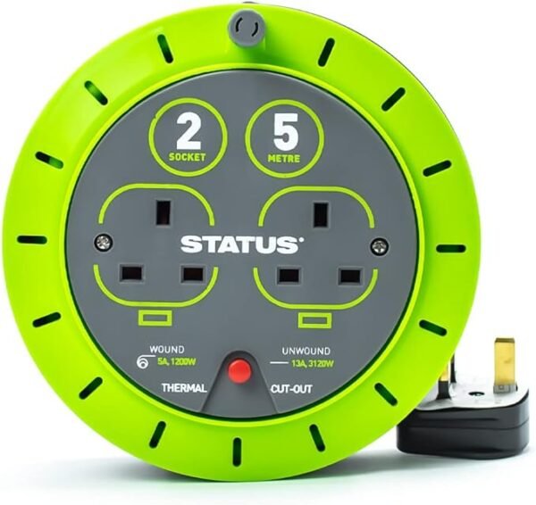 STATUS 2 Socket Cable Reel 5m Green Extension Lead 13A with Thermal Cut Out Heavy Duty Outdoor Extension Lead S5M13ACR3
