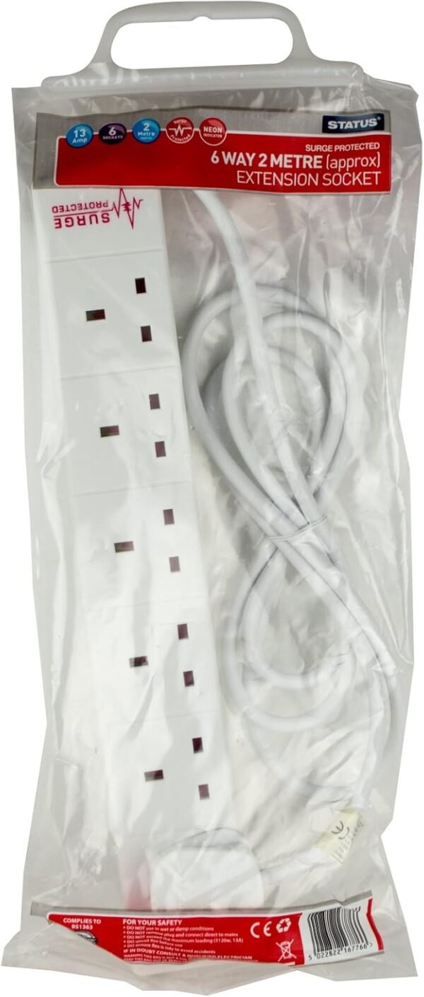 STATUS Multi Plug Extension | 6 Socket Extension Cable | 2m Extension Lead | 13A