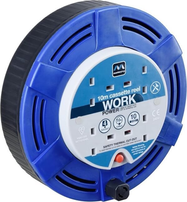 Masterplug MCT1010/4BL Four Socket 10A Cassette Cable Reel with Thermal Cut-Out, 10 Metres, Blue