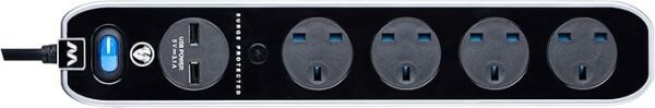 Masterplug Four Socket Switched Inline Power Surge Protected Extension Lead with Two USB Charging Ports, 2 Metres, Gloss Black