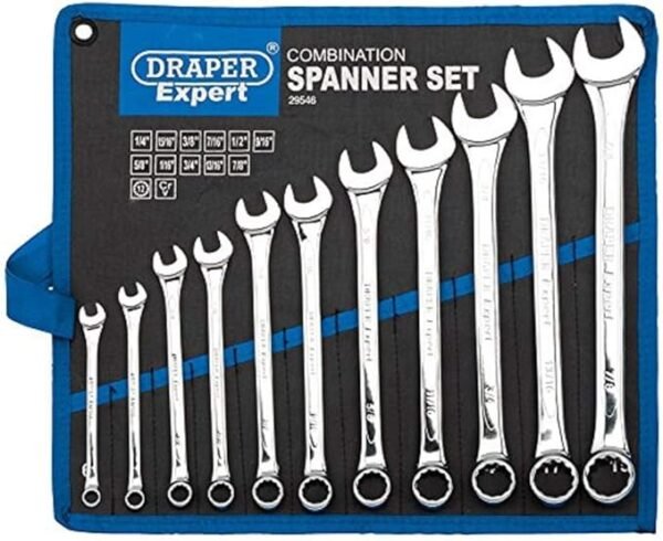 Draper Expert HI-TORQ® 1/4" to 7/8" Combination Spanner Set | 11 Piece Chrome Vanadium Steel Hand Tools | Imperial Manual Plated Tools | 29546