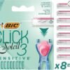 Bic Click 3 Soleil Sensitive Women's Razor Refills, 3 Moveable Blades and Lubricating Strip - Box of 8 Cartridges, Blue