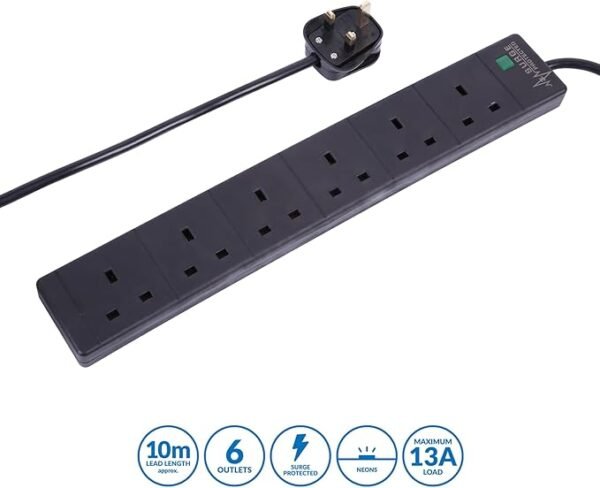 pro elec 6 Gang 10 m Extension Lead Surge Protector - Black