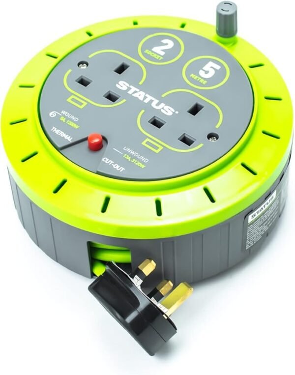 STATUS 2 Socket Cable Reel 5m Green Extension Lead 13A with Thermal Cut Out Heavy Duty Outdoor Extension Lead S5M13ACR3