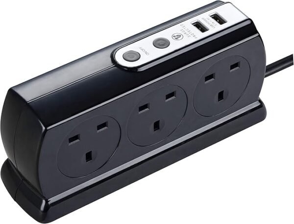 Masterplug Six Socket Switched Inline Power Surge Protected Extension Lead with Two USB Charging Ports, 2 Metres, Gloss Black