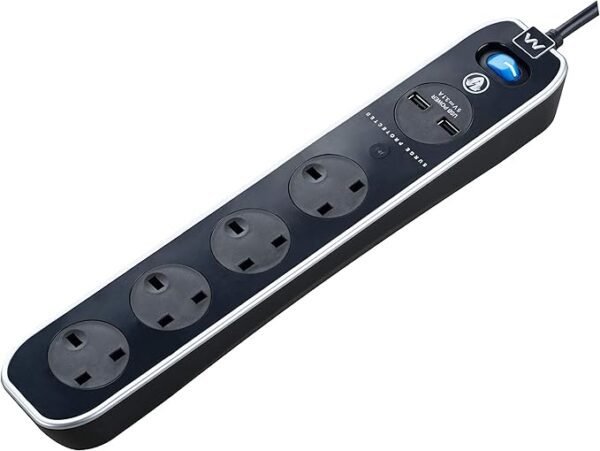 Masterplug Four Socket Switched Inline Power Surge Protected Extension Lead with Two USB Charging Ports, 2 Metres, Gloss Black