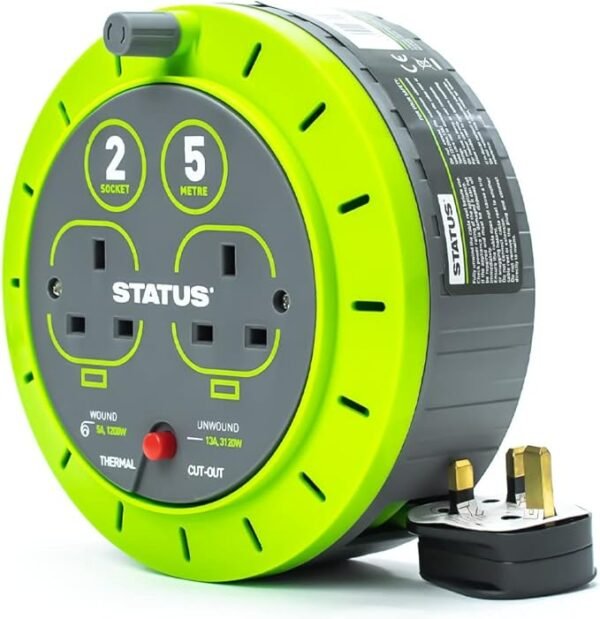 STATUS 2 Socket Cable Reel 5m Green Extension Lead 13A with Thermal Cut Out Heavy Duty Outdoor Extension Lead S5M13ACR3