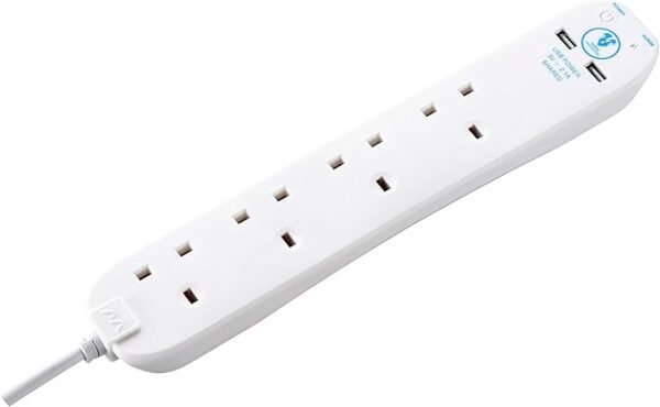 Masterplug srgu44n Four Socket Surge Protected Extension Lead with 2 USB Ports, 4 Metre, 13 x 7 x 6 cm, White