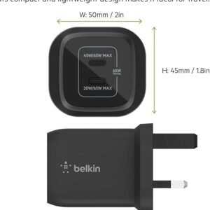 Belkin 65W Dual USB Type C Wall Charger, Fast Charging Power Delivery 3.0 with GaN Technology, USB Plug fast charger for iPhone 16, 15, 14, iPad, MacBook, Samsung Galaxy S24, Pixel and more - Black