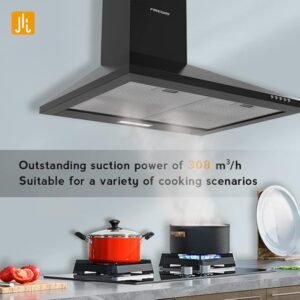 FIREGAS Black Chimney Cooker Hood 60cm with Carbon Filters Stainless Steel Wall Mounted Extractor Hood Recirculating & Ducting Extractor Fan Black Cooker Hood