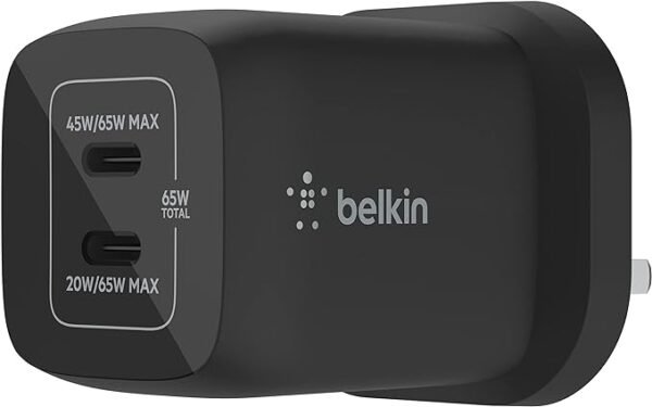 Belkin 65W Dual USB Type C Wall Charger, Fast Charging Power Delivery 3.0 with GaN Technology, USB Plug fast charger for iPhone 16, 15, 14, iPad, MacBook, Samsung Galaxy S24, Pixel and more - Black