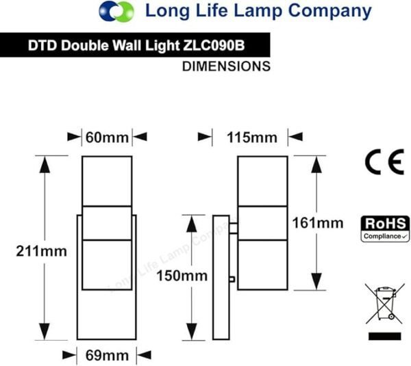 Long Life Lamp Company Outdoor Wall Light Dusk Till Dawn Sensor Black Finish Stainless Steel Up and Down Shining IP65 ZLC090-B