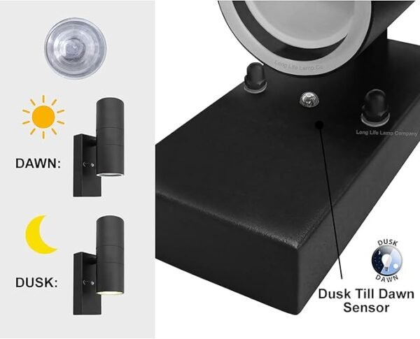Long Life Lamp Company Outdoor Wall Light Dusk Till Dawn Sensor Black Finish Stainless Steel Up and Down Shining IP65 ZLC090-B