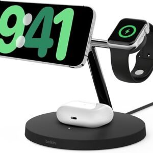 Belkin BoostCharge Pro 3-in-1 Wireless Charger with Qi2 for iPhone 16, 15, 14, 13 and 12 + Apple Watch + AirPods (Magnetically Charges iPhone 16, 15, 14, 13 and 12 Models up to 15W) - Black