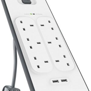 Belkin Extension Lead with USB Slots x 2 (2.4 A Shared), 6 Way/6 Plug Extension, 2m Surge Protected Power Strip - White