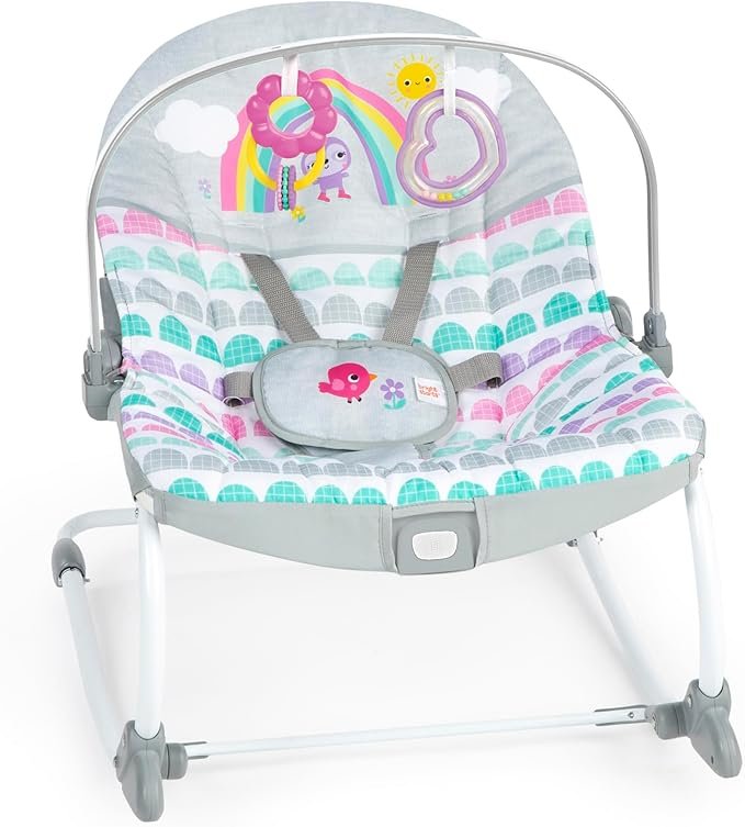 Bright Starts Rosy Rainbow Infant to Toddler Rocker with Vibrations, Baby Seat for Girl or Boy, Newborn +