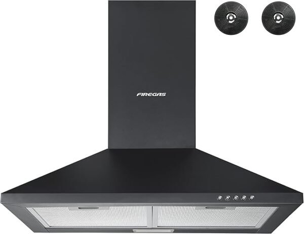 FIREGAS Black Chimney Cooker Hood 60cm with Carbon Filters Stainless Steel Wall Mounted Extractor Hood Recirculating & Ducting Extractor Fan Black Cooker Hood