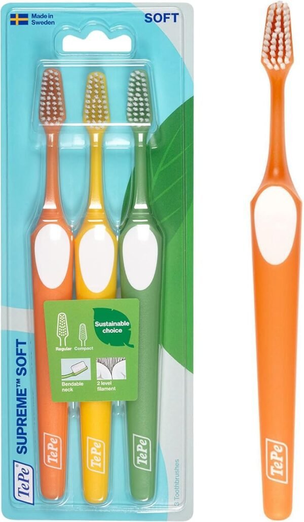 TePe Supreme Toothbrush, Soft, Assorted Colours, 3pcs,