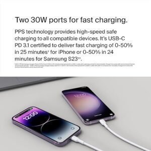 Belkin BoostCharge dual USB-C plug with PPS, 60W phone charger for iPhone 16 and other, iPad, Samsung Galaxy, Google Pixel, MacBook - compatible w/ USB-C to lightning cable & USB-C to USB-C - white
