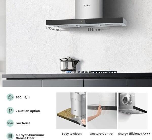 COMFEE' 90 cm Chimney Hood 90M77 Class A+++ Stainless Steel Extractor Hood with Recirculating & Ducting System, Gesture Control Extractor Fan Kitchen with Carbon Filters