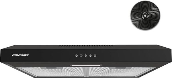 FIREGAS 60cm Visor Cooker Hood LED Extractor Hood Under Cabinet Hood Wall Mounted Extractor Fan Kitchen 600 mm Top Vented Range Hood,Black