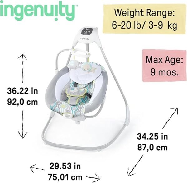Ingenuity SimpleComfort Lightweight Compact 6-Speed Multi-Direction Baby Swing, Vibrations & Nature Sounds, 0-9 Months 6-20 lbs (Everston)