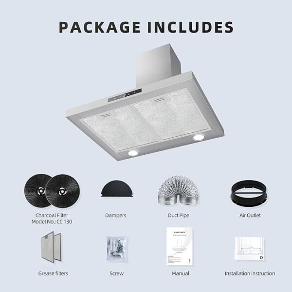 FIREGAS Chimney Cooker Hood 60 cm, 3 Speeds, 335 m³/h,Touch controls, Recirculation/Extraction,