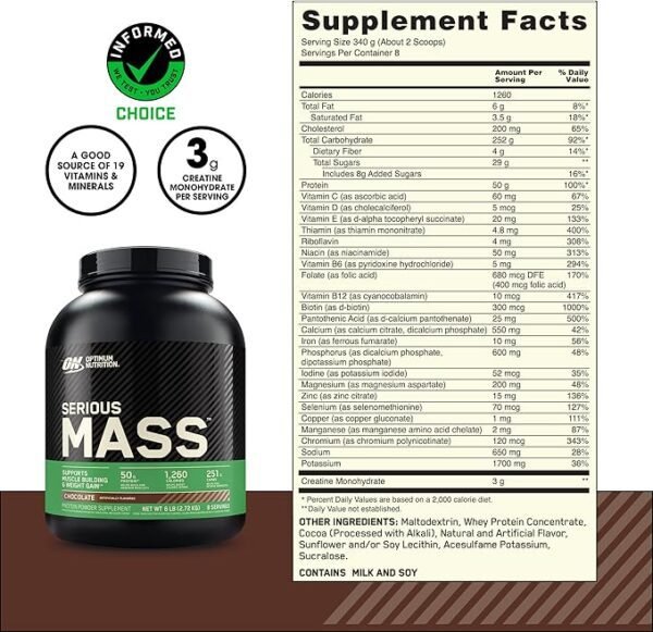 Optimum Nutrition Serious Mass Protein Powder with Creatine, Glutamine,