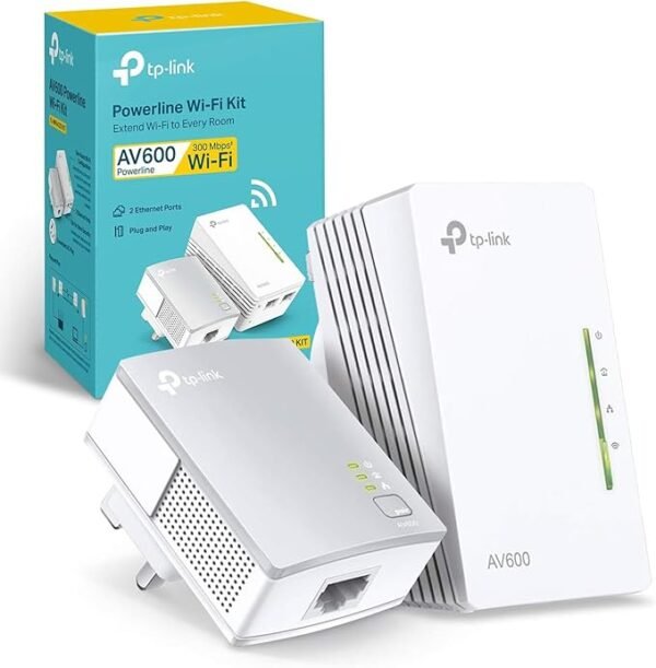 TP-Link AV600 Fast Port Powerline Adapter Wi-Fi Kit, Wi-Fi Booster/Hotspot/ Extender, Wi-Fi Speed up to 300Mbps, 2+1 Ports 10/100 Mbps | N300 Mbps+AV600 Mbps plug and play, (TL-WPA4220 KIT) White