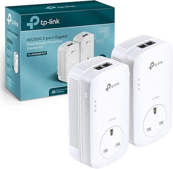 TP-Link TL-PA9020PKIT 2-Port Gigabit Passthrough Powerline Starter Kit, Data Transfer Speed Up to 2000 Mbps, Ideal for HD Video Streaming and Online Gaming, No Configuration Required, UK Plug