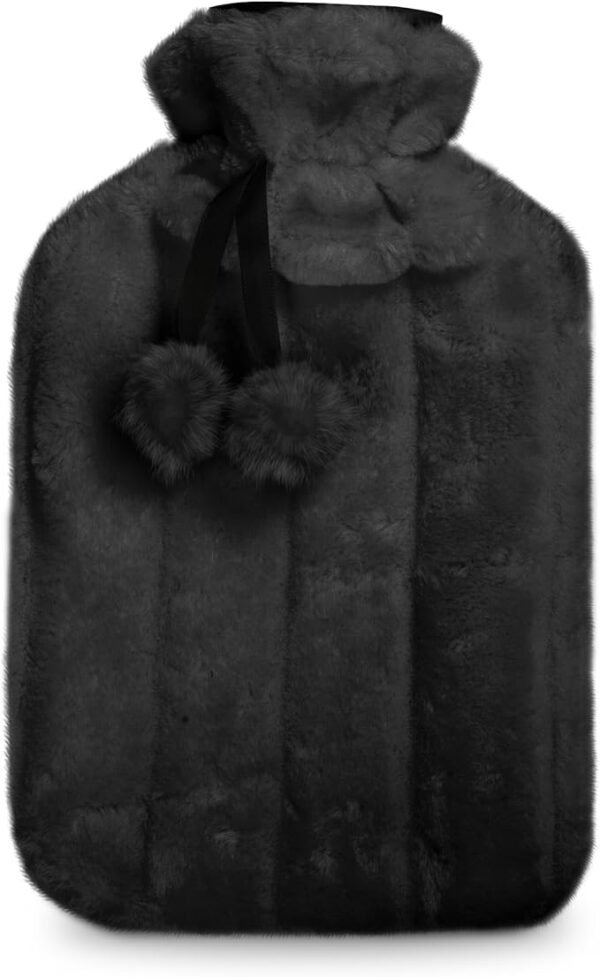 KEPLIN Cosy Hot Water Bottle with Plush Cover & Bobble - Relieves Body Aches & Pains, Washable Safe & Durable Heating Pad - Ideal Cosy Nights & Gifts - Large 2L (Black)