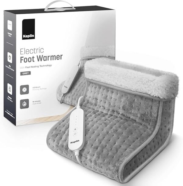 KEPLIN Electric Foot Warmer - 4 Adjustable Temperature Settings, 90-Min Auto Shut-Off Timer, Overheat & Overcurrent Protection, Soft Fleece Lining, Washable Inner Sleeves (32x28x26cm) (Grey, 1 Pack)