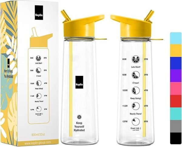 KEPLIN Premium 900ml Water bottle with Straw | BPA-Free, Daily Water Intake Bottle with Time Markings | Leakproof Sports Water Bottle, Ideal for Gym, Office, Cycling & Running (Yellow)