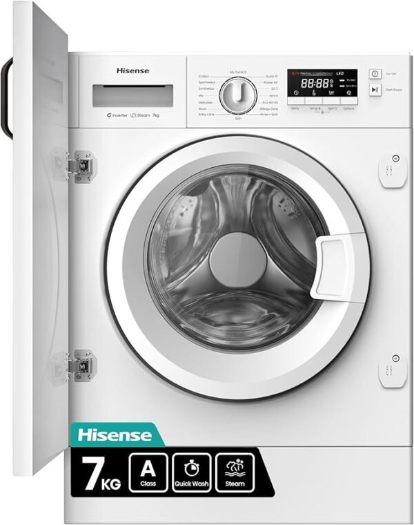 Hisense 3 Series WF3M741BWI Intergrated 7 KG Front Load Washing Machine - Durable Inverter | Quick Wash Baby Care | Wool - 14 Washing Programs 1400 RPM White- Energy Rating A [Energy Class A]