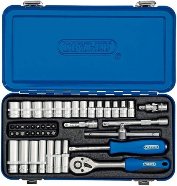 Draper 1/4" 45 Piece Square Drive Metric Socket Set Metal Storage Case | Hex Bit Adaptor | 16365