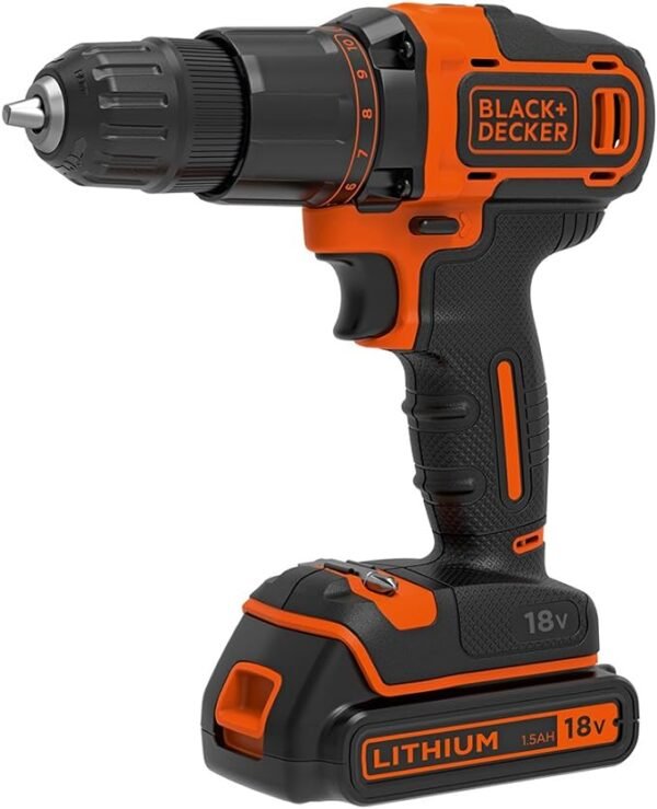 BLACK+DECKER 18 V Cordless 2-Gear Combi Hammer Drill Power Tool with Kitbox, 1.5 Ah Lithium-Ion, BCD700S1K-GB , Orange