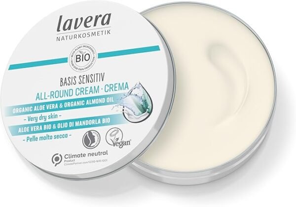 lavera basis sensitiv All-Round Cream - Natural Cosmetics - vegan - Organic Aloe Vera & Organic Almond Oil - certified - 150ml, white
