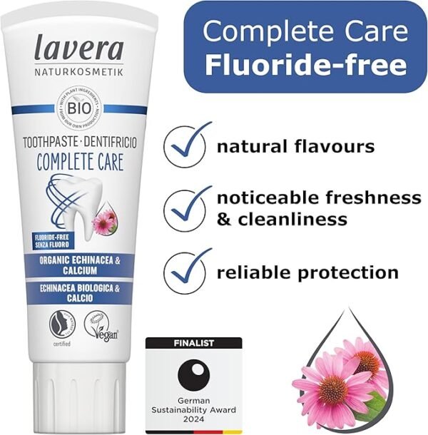 lavera Toothpaste Complete Care Fluoride-Free - 5 in 1 Protection - Active Plant Ingredients - Organic echinacea & Calcium - Vegan - Natural Cosmetics - 75 ml