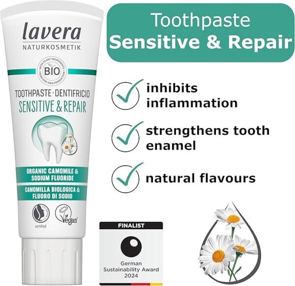lavera Toothpaste Sensitive & Repair - for Sensitive Teeth - 24 Hours Protection - Organic Chamomile & Sodium Fluoride - Vegan - Natural Cosmetics - 75 ml