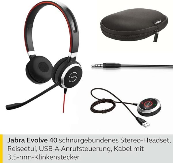 Jabra Evolve 40 MS Stereo Headset – Microsoft Certified Headphones for VoIP Softphone with Passive Noise Cancellation – USB-Cable with Controller – Black