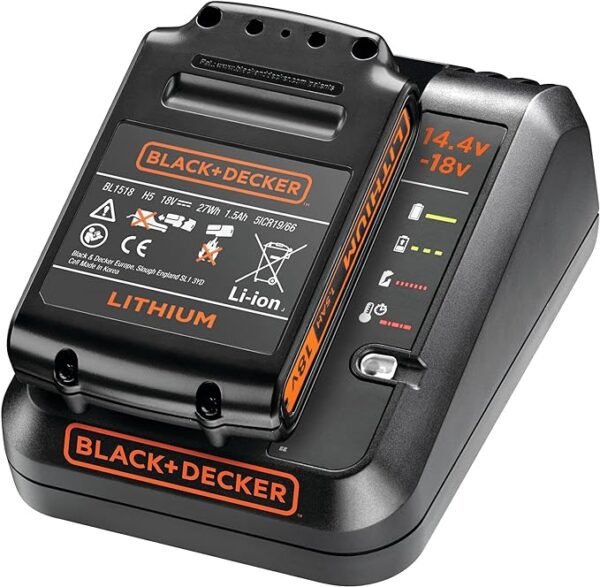 BLACK+DECKER 14.4-18V Cordless Fast Charger for Power Tools with 2 Years Guarantee, 1 Ah Lithium-Ion, BDC1A-GB