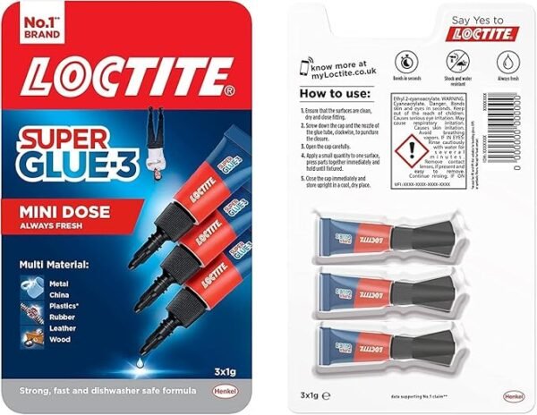 Loctite Universal, Strong All Purpose Adhesive for Repairs, Clear Glue for Various Materials, Easy to Use Instant Super Glue, Convenient Travel Size 3 x 1g x 2