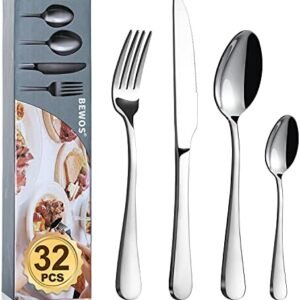 Cutlery Set, BEWOS 32 Piece Stainless Steel Flatware Set, Tableware Silverware Set with Spoon Knife and Fork Set, Service for 8, Dishwasher Safe/Easy Clean, Mirror Polished