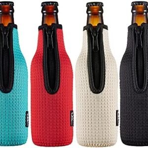 WK ieason Beer Bottle Sleeve Insulators 12oz 330ml Standard Beer Bottle Cooler Covers Zip-up Bottle Jacket 12OZ Beer Bottle Holder Non-Slip Thick Neoprene Sleeves 4Pcs Pack (Black/Red/Blue/Grey)