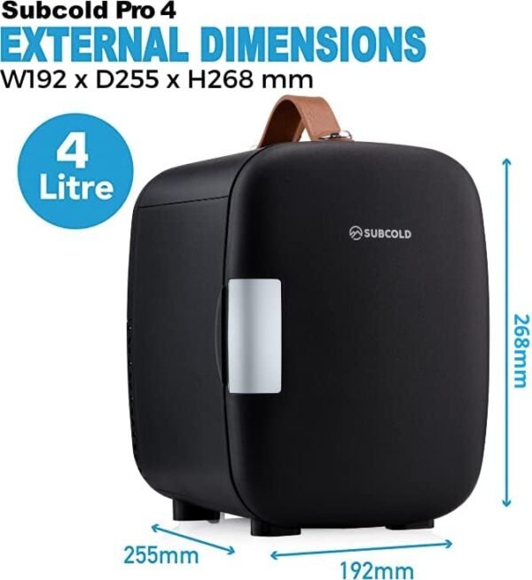 Subcold Pro4 Luxury Mini Fridge Cooler | 4 Litre / 6 Cans | AC and Exclusive USB Power Option | Portable Small Fridge for the Office, Bedroom, Car, Travel, Skincare & Cosmetics (Black) [Energy Class C]