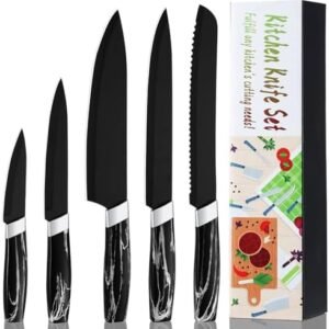 BEWOS Kitchen Knife Set, 5PCS Professional Kitchen Knives with Chef Knife, Bread Knife, Slicing Knife, Utility Knife & Paring Knives, Stainless Steel Sharp Knife Set for Kitchen, Dishwasher Safe